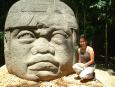 Keiko with ancient Olmec stone carving
