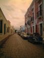 Cobblestoned avenue at sunset