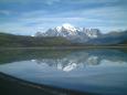 First glimpse of Torres del Paine across Laguna Amarga