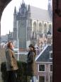 Lynsey and Keiko pose by the Leiden cathedral