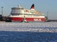 A Viking Line ship moors at Helsinki's frozen harbour, Etelsatama